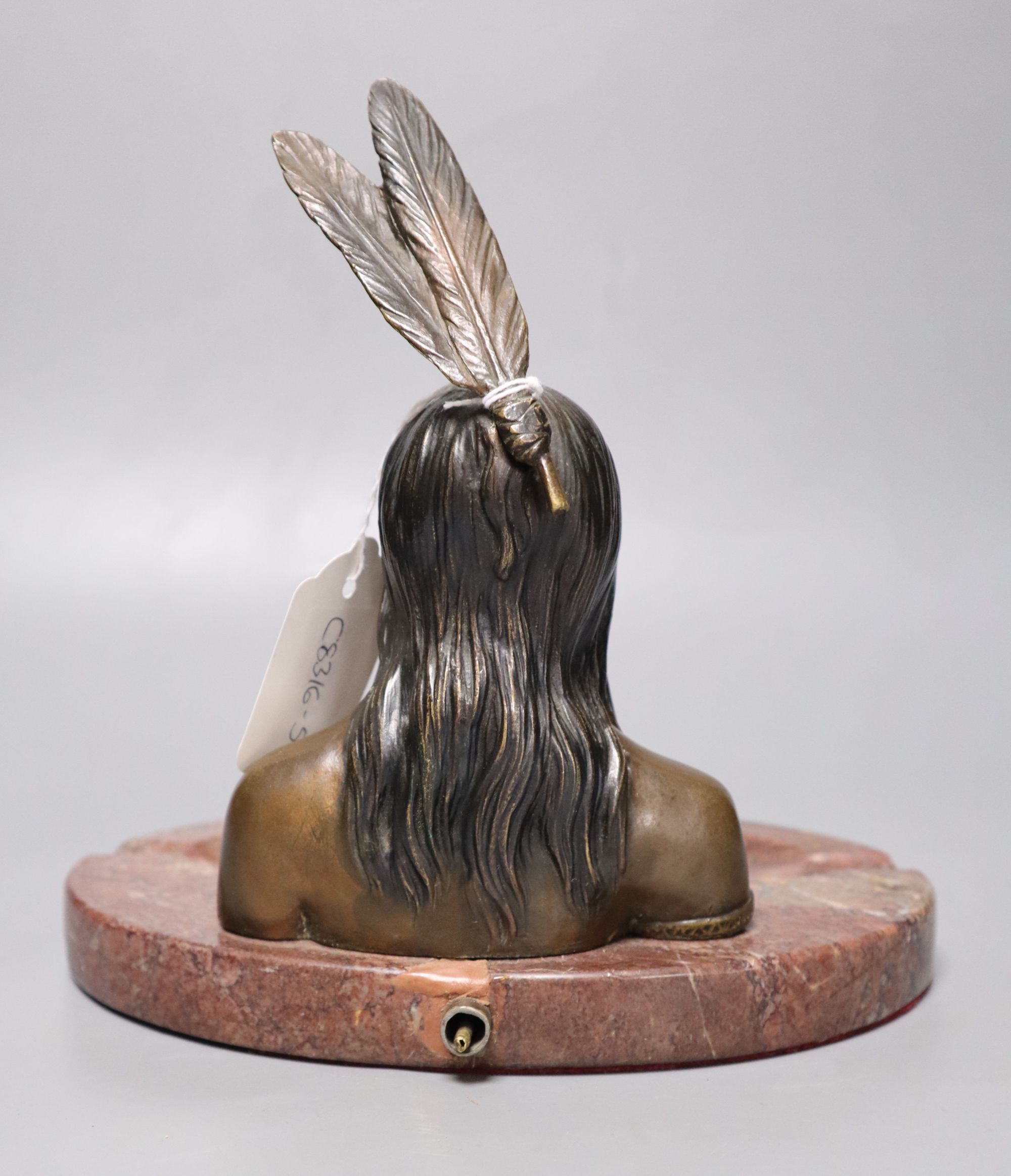 A bronze and marble Native American desk stand, height 19.5cm